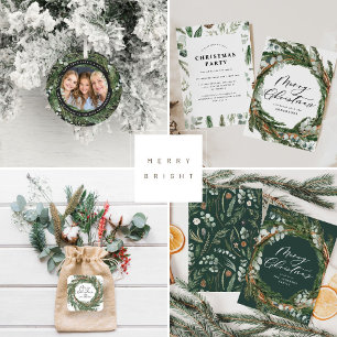 Modern minimal watercolor foliage sage Christmas Holiday Postcard