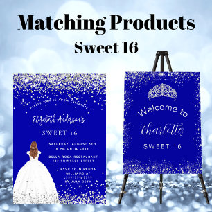 Sweet 16 royal blue silver glitter balloons invitation