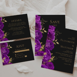 Purple Gold Dark Floral Save the Date Announcement