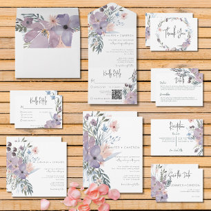 Boho Purple Pink & Blue Floral White QR Code All In One Invitation