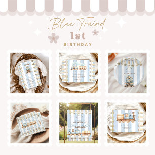 Blue Watercolor Train 1st Birthday  Thank You Card