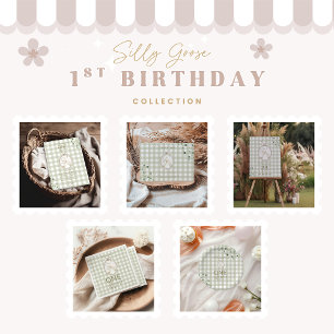 Silly Goose 1st Birthday Green Gingham Invitation