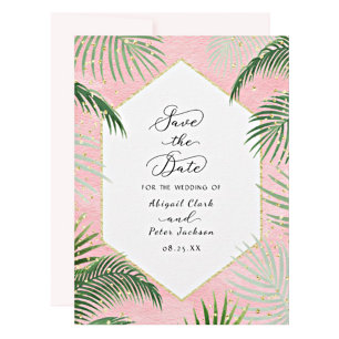 Coral Palms Tropical Botanical Gold Foil Wedding Invitation