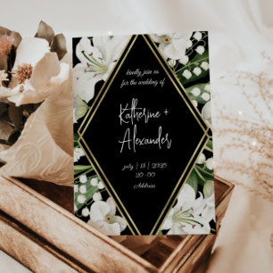 Black wedding floral Lily Invitation classics Gold