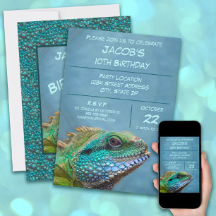 10th Birthday Party Colorful Iguana Celebration Invitation