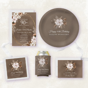 White Floral Neutral Fall 90th Birthday Thank You Card