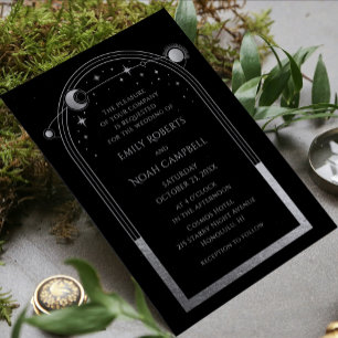 Mystical Black Silver Sun Moon Astronomy Wedding All In One Invitation