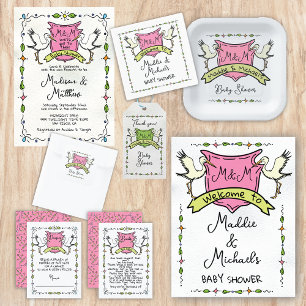 Hand Drawn Whimsical Stork Crest Baby Shower Invitation