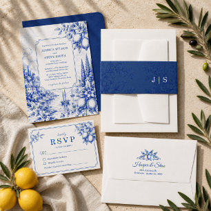 Blue Italian Coastal Toile Wedding Party Invitation
