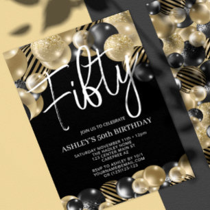 Modern Black Gold Balloon 50th Birthday Invitation