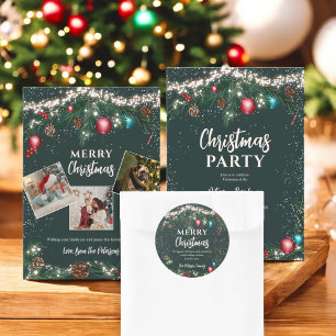 Festive Christmas lights pine branches snow green Classic Round Sticker