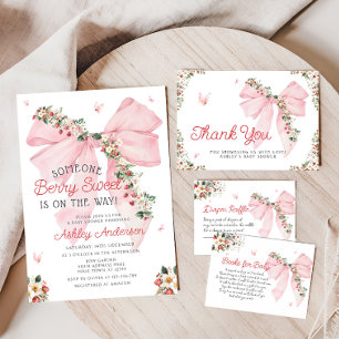 Strawberry Berry Sweet Pink Bow Girl Baby Shower Invitation
