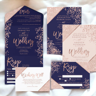 Rose gold glitter confetti navy blue rsvp wedding