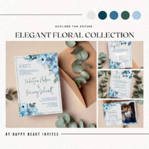 Elegant Floral Dusty Blue Teal Watercolor Save The Date