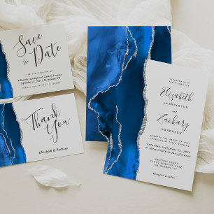 Modern Royal Blue Silver Agate Wedding Invitation