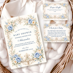 Dusty Blue Rose Baroque Baby Shower Invitation