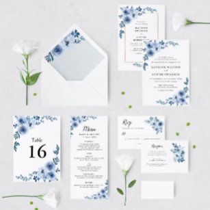 gold frame blue floral wedding invitation