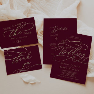 Romantic Burgundy Calligraphy Front & Back Wedding Invitation