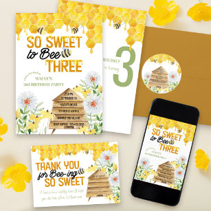 Sweet to Bee Three Hive and Honeycomb 3rd Birthday Invitation