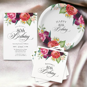 Boho Rustic Watercolor Floral 80th Birthday Party Invitation