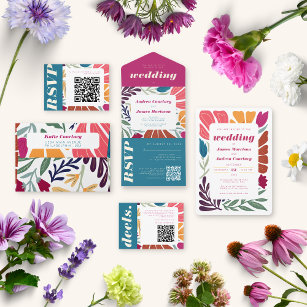 Chic Colourful Abstract Floral Retro Wedding QR Invitation