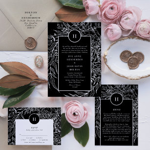 Elegant Monogram Black Tuxedo Wreath Wedding RSVP Card