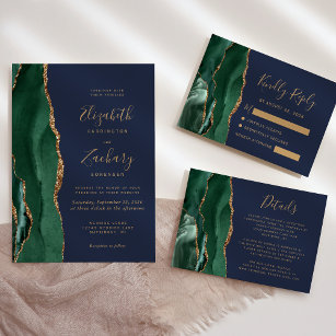Emerald Green Gold Agate Navy Blue Wedding Invitation