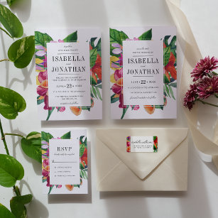Tropical Hibiscus, Plumeria & Palm   Wedding Invitation