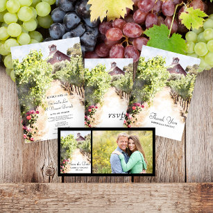 Vineyard and Red Barn Watercolor Wedding Thank You Card