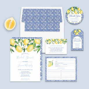 Tuscany Lemons Antique Pattern Blue Bridal Shower Invitation