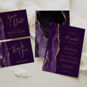 Modern Deep Purple Gold Agate Dark Wedding RSVP Card