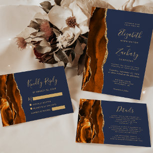 Burnt Orange Agate Gold Navy Blue Wedding Invitation