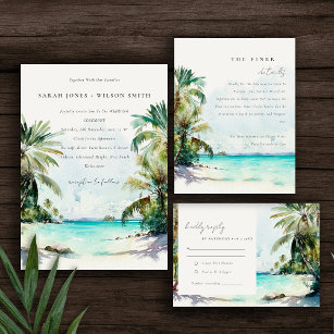 Tropical Sand Beach Watercolor Palm Trees Wedding All In One Invitation