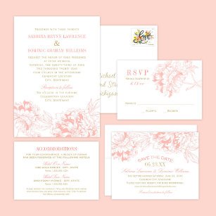 Elegant Floral Peony Wedding Coral and Gold Save The Date
