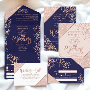 Rose gold glitter confetti chic navy blue wedding invitation