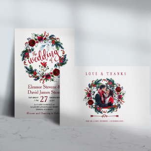 Rustic winter burgundy pine green floral wedding invitation