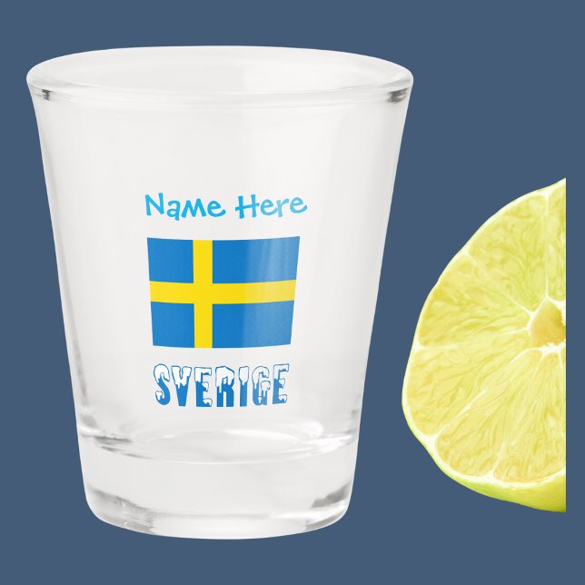 Sverige Svenska Flagga Blue Personalised  Shot Glass (Shot glass with Swedish flag and the word SVERIGE in snow capped letters. Add a name above.)