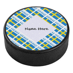 Sverige Svenska Flagge Tiled Personalised Name  Hockey Puck