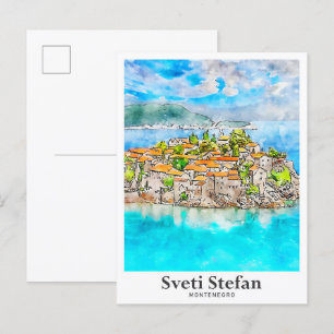 Sveti Stefan Montenegro Travel Watercolor Postcard