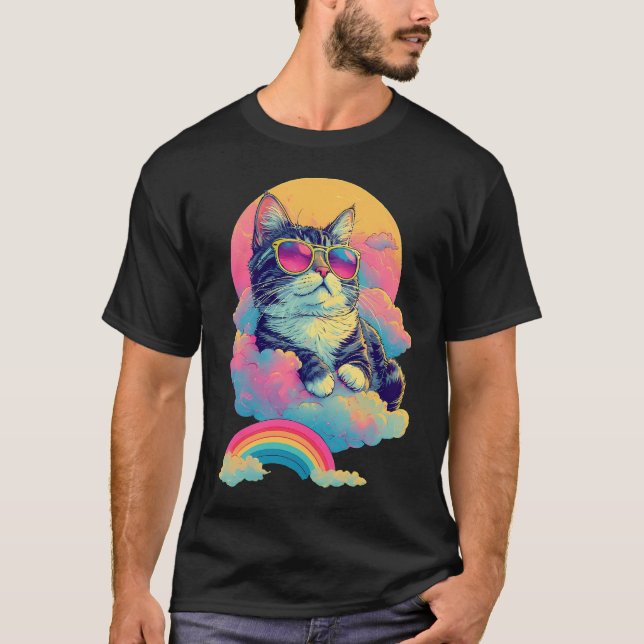 Swag Cat Retro Chill Cat with Rainbow Aura T-Shirt (Front)