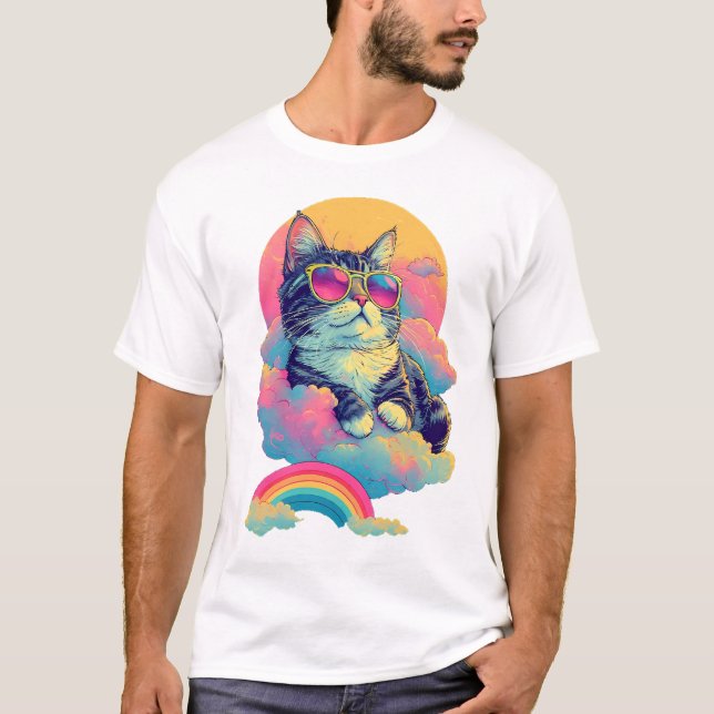 Swag Cat Retro Chill Cat with Rainbow Aura T-Shirt (Front)