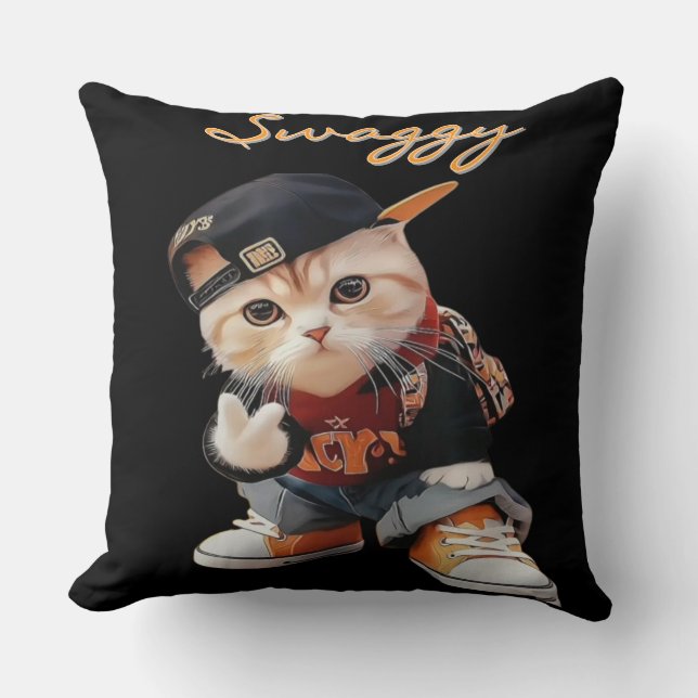 Swaggy Hip-Hop Cat Throw Pillow Cover for Kids (Front)