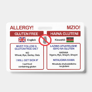 SWAHILI Gluten Free Travel Card   Allergy Badge ID Badge