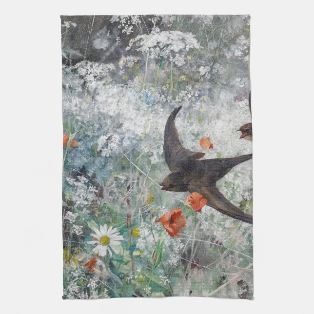 Swallow and Flower Field, Bruno Liljefors Tea Towel (Vertical)