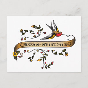 Swallow and Scroll with Cross-stitching Postcard