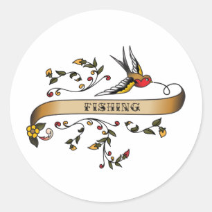 Swallow and Scroll with Fishing Classic Round Sticker
