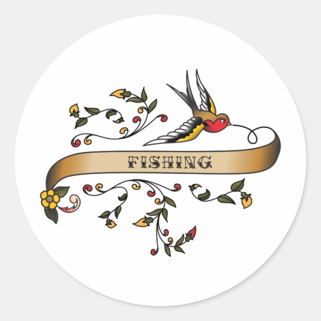 Swallow and Scroll with Fishing Classic Round Sticker (Front)