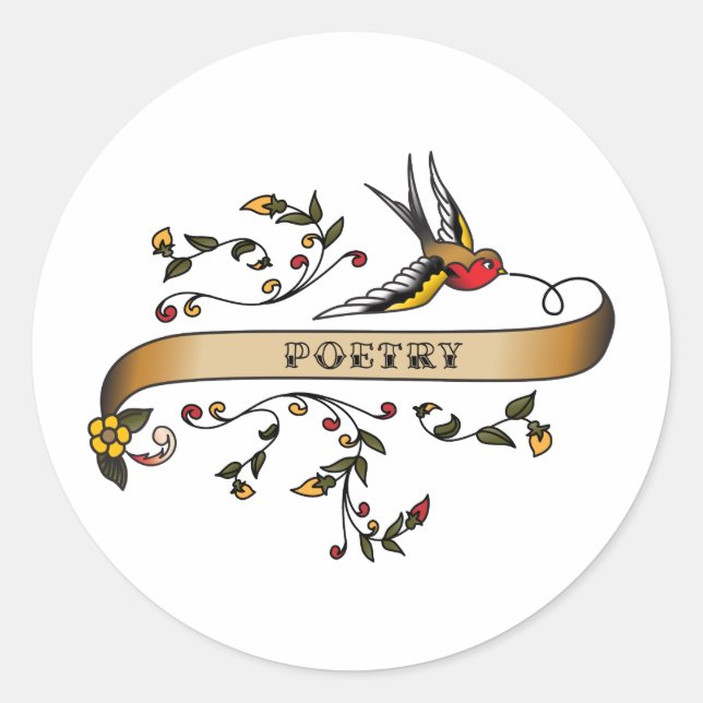 Swallow and Scroll with Poetry Classic Round Sticker (Front)