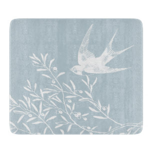 Swallow Bird Flying over Olive Branches Cutting Board