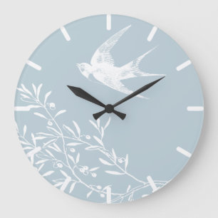 Swallow Bird Flying over Olive Branches Large Clock